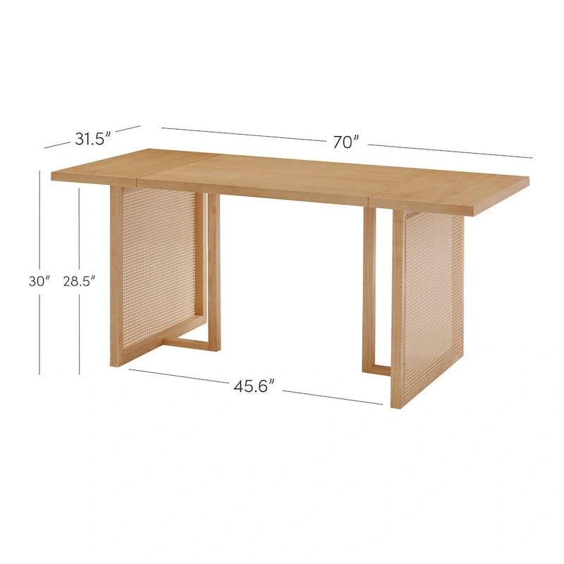 Table de salle à manger bohème pour 6 personnes avec pieds en bois massif et accent en rotin bohème